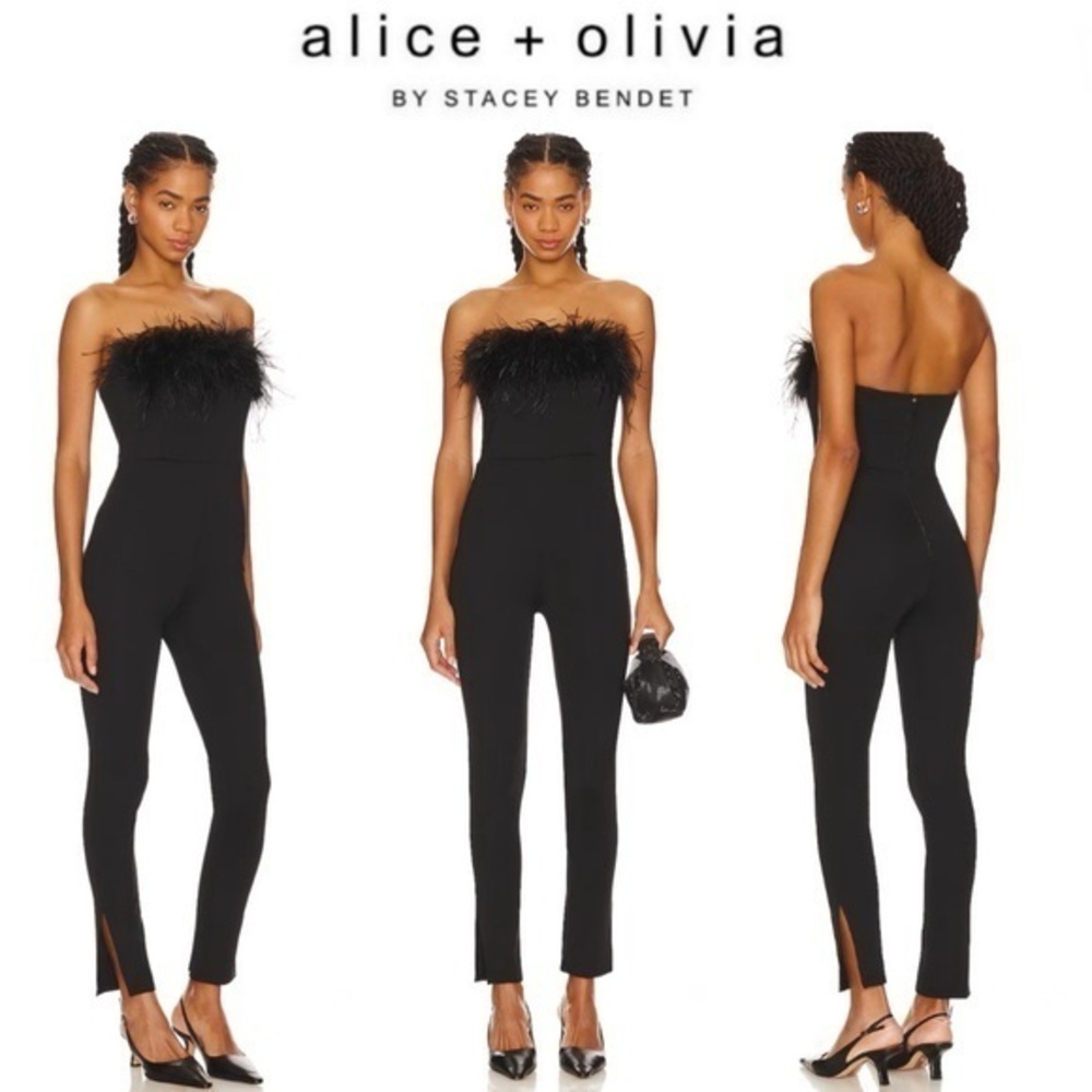 Alice + Olivia Idell Feather Jumpsuit in Black Sz 2 NWT 595$